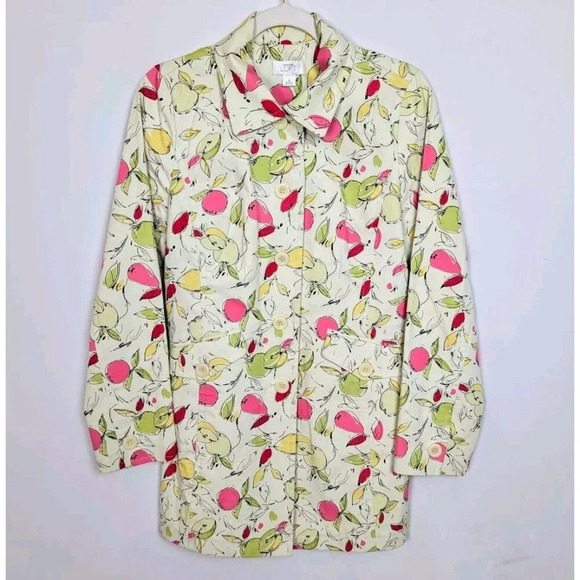 Ann Taylor LOFT Vintage Y2K S Fruit Print Apple Pear Trench Coat Jacket Cotton - Picture 1 of 13